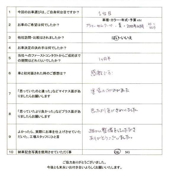 406クーペ納車アンケート