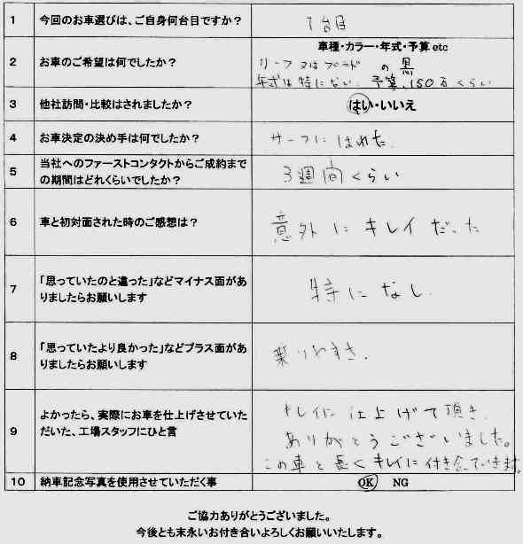 サーフ納車アンケート