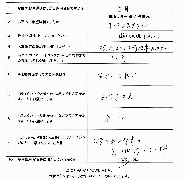 エリシオン納車アンケート