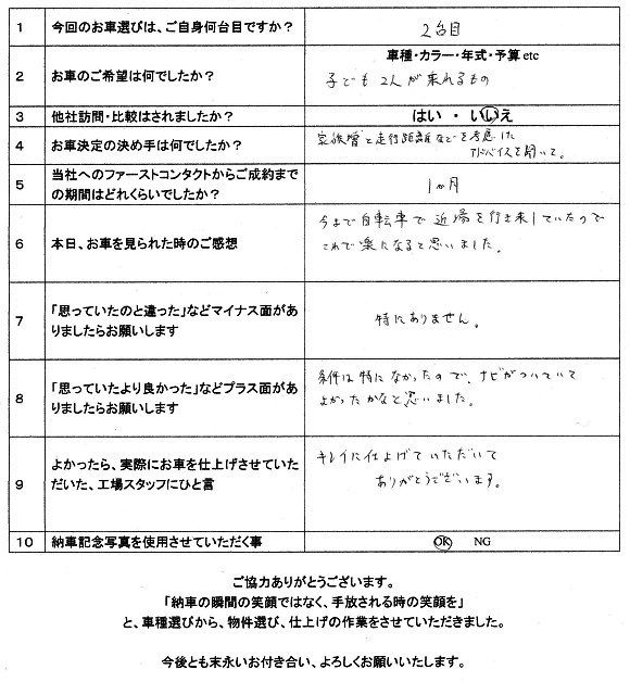 GEフィット納車アンケート
